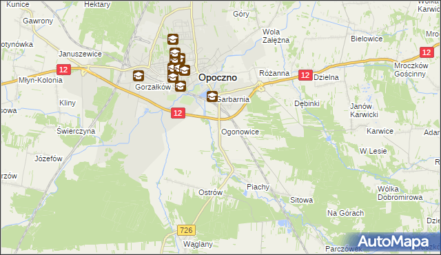 mapa Ogonowice gmina Opoczno, Ogonowice gmina Opoczno na mapie Targeo