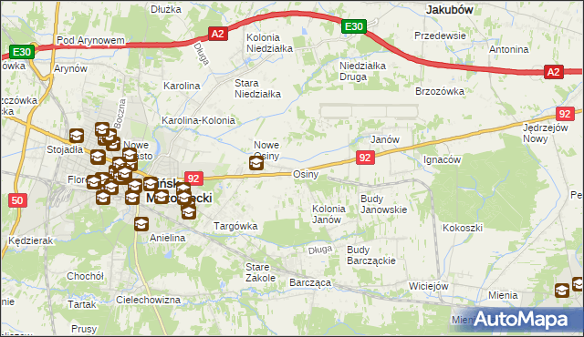 mapa Osiny gmina Mińsk Mazowiecki, Osiny gmina Mińsk Mazowiecki na mapie Targeo