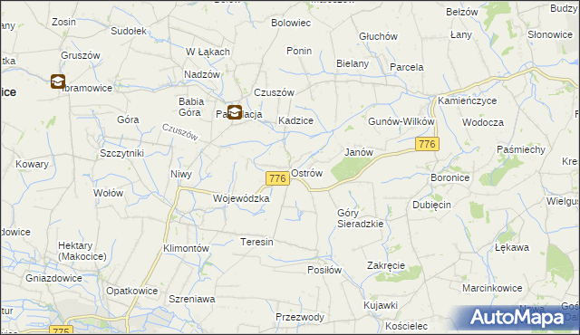 mapa Ostrów gmina Proszowice, Ostrów gmina Proszowice na mapie Targeo