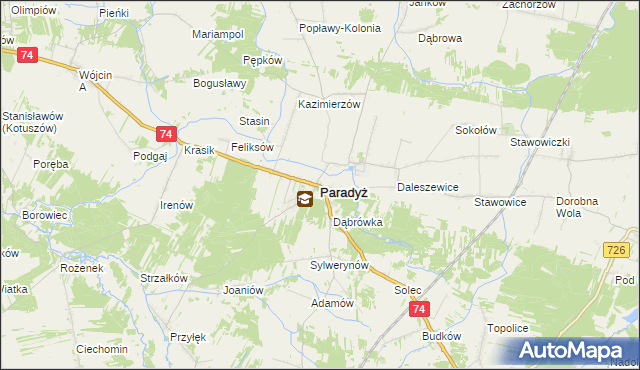 mapa Paradyż powiat opoczyński, Paradyż powiat opoczyński na mapie Targeo