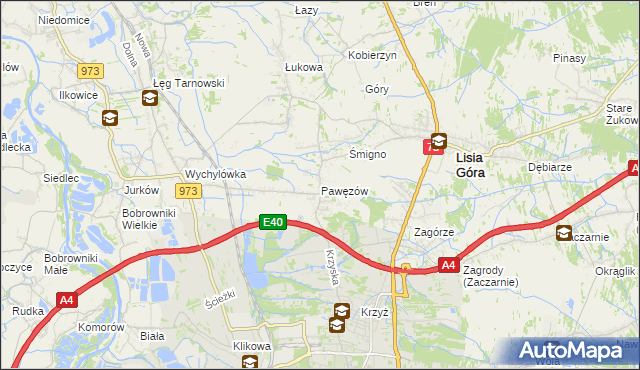 mapa Pawęzów gmina Lisia Góra, Pawęzów gmina Lisia Góra na mapie Targeo