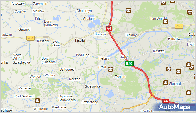 mapa Piekary gmina Liszki, Piekary gmina Liszki na mapie Targeo