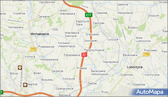 mapa Pielgrzymowice gmina Michałowice, Pielgrzymowice gmina Michałowice na mapie Targeo