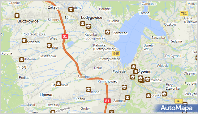 mapa Pietrzykowice gmina Łodygowice, Pietrzykowice gmina Łodygowice na mapie Targeo
