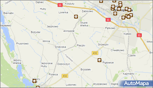 mapa Płaczki gmina Zaniemyśl, Płaczki gmina Zaniemyśl na mapie Targeo