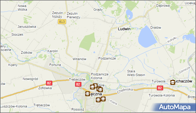 mapa Podzamcze gmina Łęczna, Podzamcze gmina Łęczna na mapie Targeo