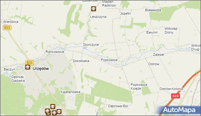 mapa Popkowice gmina Urzędów, Popkowice gmina Urzędów na mapie Targeo