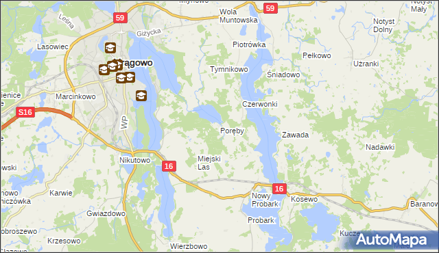 mapa Poręby gmina Mrągowo, Poręby gmina Mrągowo na mapie Targeo