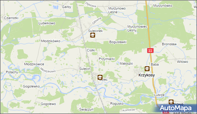mapa Przymiarki gmina Krzykosy, Przymiarki gmina Krzykosy na mapie Targeo