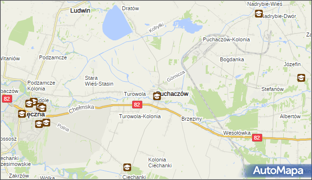 mapa Puchaczów powiat łęczyński, Puchaczów powiat łęczyński na mapie Targeo