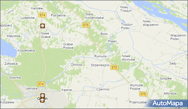 mapa Rumunki gmina Gąbin, Rumunki gmina Gąbin na mapie Targeo