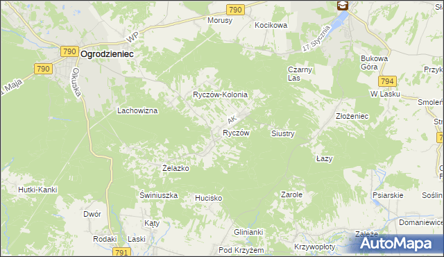 mapa Ryczów gmina Ogrodzieniec, Ryczów gmina Ogrodzieniec na mapie Targeo