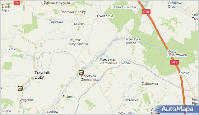 mapa Rzeczyca Ziemiańska-Kolonia, Rzeczyca Ziemiańska-Kolonia na mapie Targeo