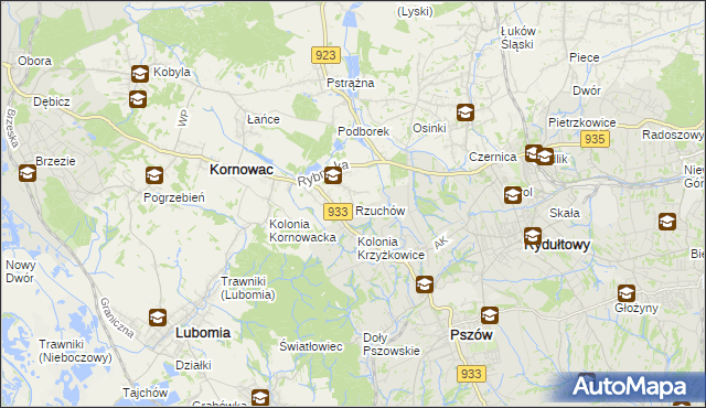 mapa Rzuchów gmina Kornowac, Rzuchów gmina Kornowac na mapie Targeo