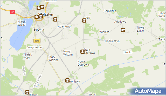 mapa Stara Dąbrowa gmina Wolsztyn, Stara Dąbrowa gmina Wolsztyn na mapie Targeo