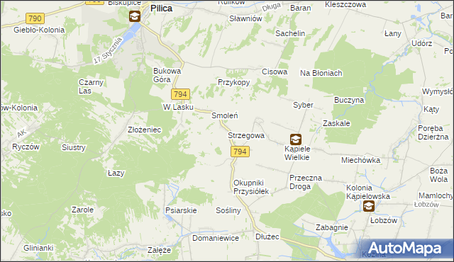 mapa Strzegowa gmina Wolbrom, Strzegowa gmina Wolbrom na mapie Targeo