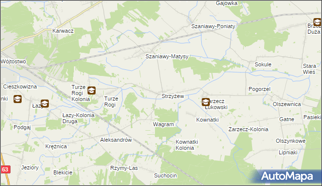 mapa Strzyżew gmina Łuków, Strzyżew gmina Łuków na mapie Targeo