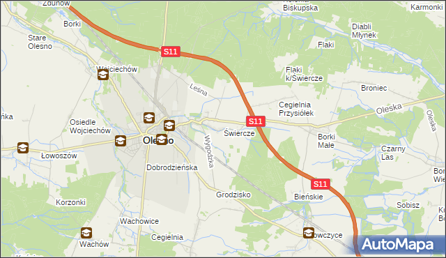 mapa Świercze gmina Olesno, Świercze gmina Olesno na mapie Targeo