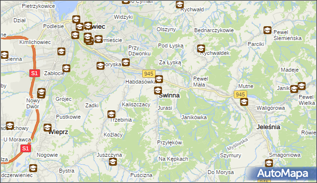 mapa Świnna powiat żywiecki, Świnna powiat żywiecki na mapie Targeo