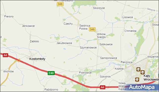 mapa Szymanowice gmina Kostomłoty, Szymanowice gmina Kostomłoty na mapie Targeo