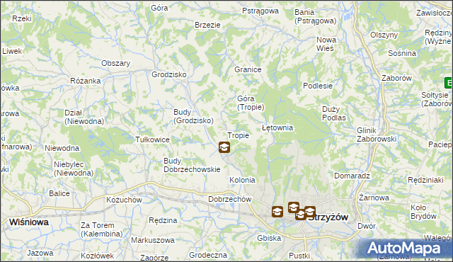 mapa Tropie gmina Strzyżów, Tropie gmina Strzyżów na mapie Targeo