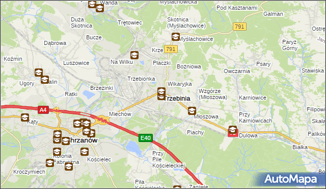 mapa Trzebinia powiat chrzanowski, Trzebinia powiat chrzanowski na mapie Targeo