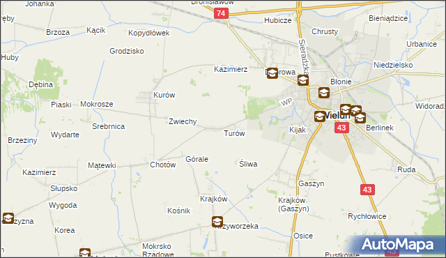 mapa Turów gmina Wieluń, Turów gmina Wieluń na mapie Targeo