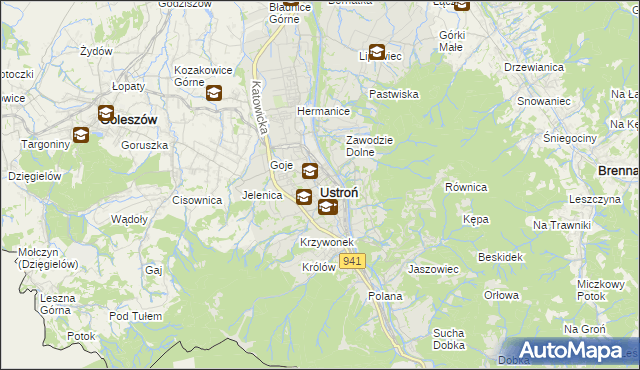 mapa Ustroń powiat cieszyński, Ustroń powiat cieszyński na mapie Targeo