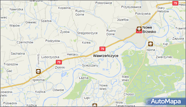 mapa Wawrzeńczyce gmina Igołomia-Wawrzeńczyce, Wawrzeńczyce gmina Igołomia-Wawrzeńczyce na mapie Targeo