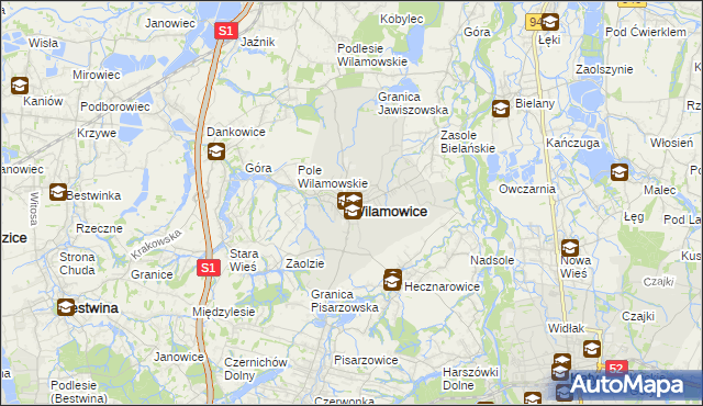 mapa Wilamowice powiat bielski, Wilamowice powiat bielski na mapie Targeo