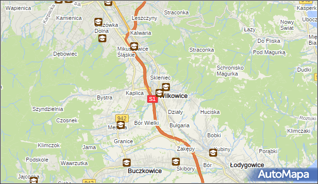 mapa Wilkowice powiat bielski, Wilkowice powiat bielski na mapie Targeo