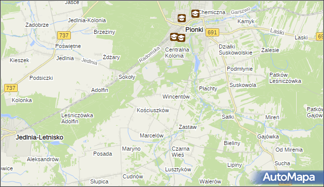 mapa Wincentów gmina Pionki, Wincentów gmina Pionki na mapie Targeo