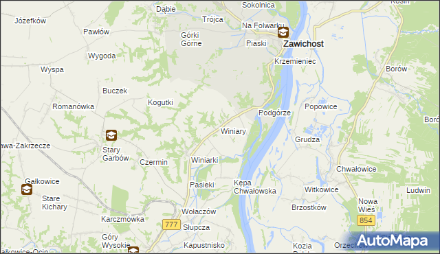 mapa Winiary gmina Dwikozy, Winiary gmina Dwikozy na mapie Targeo