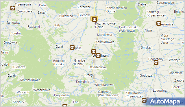 mapa Wiśniowa powiat myślenicki, Wiśniowa powiat myślenicki na mapie Targeo