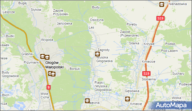 mapa Wysoka Głogowska, Wysoka Głogowska na mapie Targeo