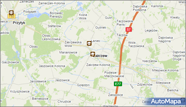 mapa Zakrzew powiat radomski, Zakrzew powiat radomski na mapie Targeo