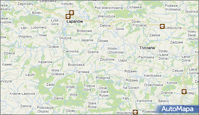 mapa Zbydniów gmina Łapanów, Zbydniów gmina Łapanów na mapie Targeo