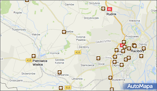 mapa Żerdziny gmina Pietrowice Wielkie, Żerdziny gmina Pietrowice Wielkie na mapie Targeo