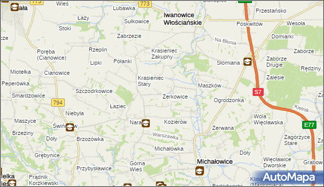 mapa Żerkowice gmina Iwanowice, Żerkowice gmina Iwanowice na mapie Targeo