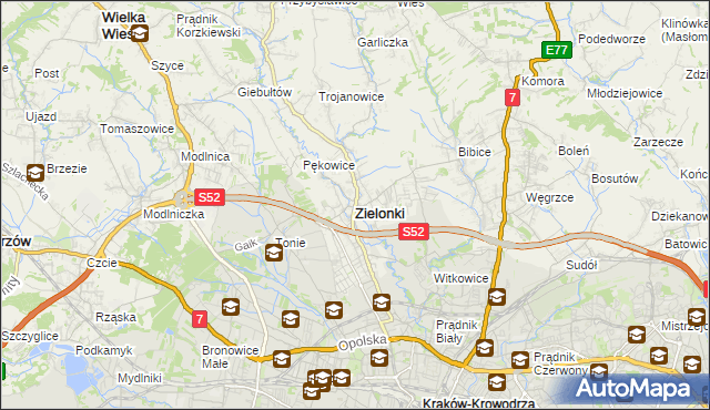 mapa Zielonki powiat krakowski, Zielonki powiat krakowski na mapie Targeo