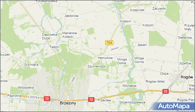 mapa Henryków gmina Brzeziny, Henryków gmina Brzeziny na mapie Targeo