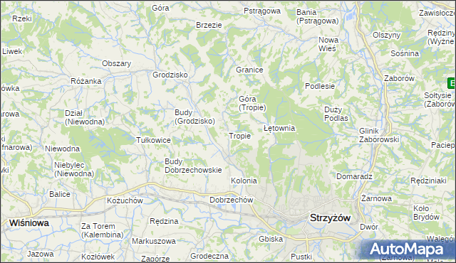 mapa Tropie gmina Strzyżów, Tropie gmina Strzyżów na mapie Targeo