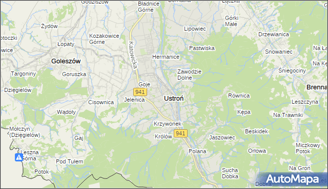 mapa Ustroń powiat cieszyński, Ustroń powiat cieszyński na mapie Targeo