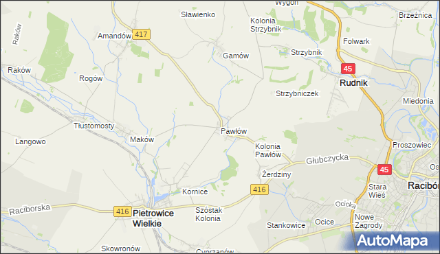 mapa Pawłów gmina Pietrowice Wielkie, Pawłów gmina Pietrowice Wielkie na mapie Targeo