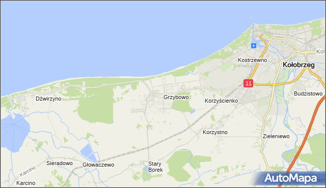 mapa Grzybowo gmina Kołobrzeg, Grzybowo gmina Kołobrzeg na mapie Targeo
