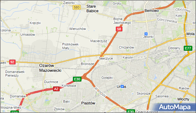 mapa Jawczyce gmina Ożarów Mazowiecki, Jawczyce gmina Ożarów Mazowiecki na mapie Targeo