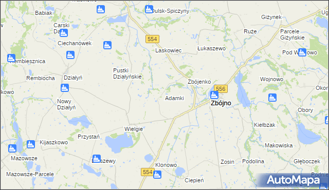 mapa Adamki gmina Zbójno, Adamki gmina Zbójno na mapie Targeo