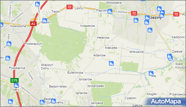 mapa Adamów gmina Brzeziny, Adamów gmina Brzeziny na mapie Targeo