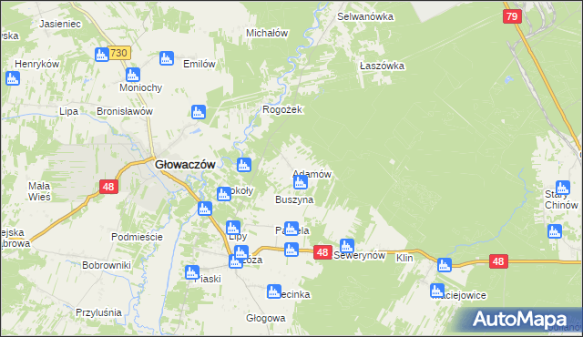 mapa Adamów gmina Głowaczów, Adamów gmina Głowaczów na mapie Targeo