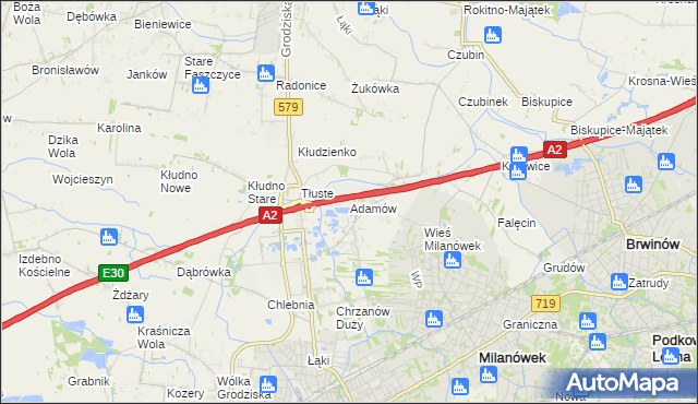 mapa Adamów gmina Grodzisk Mazowiecki, Adamów gmina Grodzisk Mazowiecki na mapie Targeo